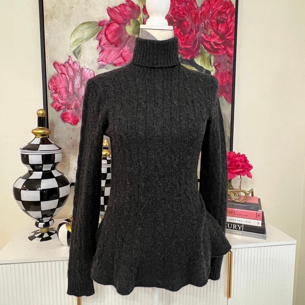 Ralph Lauren Women's Cashmere Cable Knit Peplum Sweater Dark Gray Size Medium